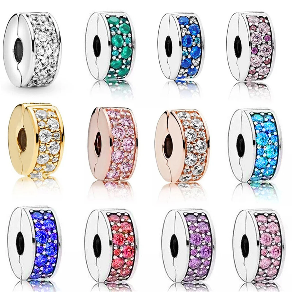 Double Row Diamond Fixing Clip Positioning Buckle Safety Charm Beads For Pandora DIY Bracelet Necklace Jewelry Accessories Gifts