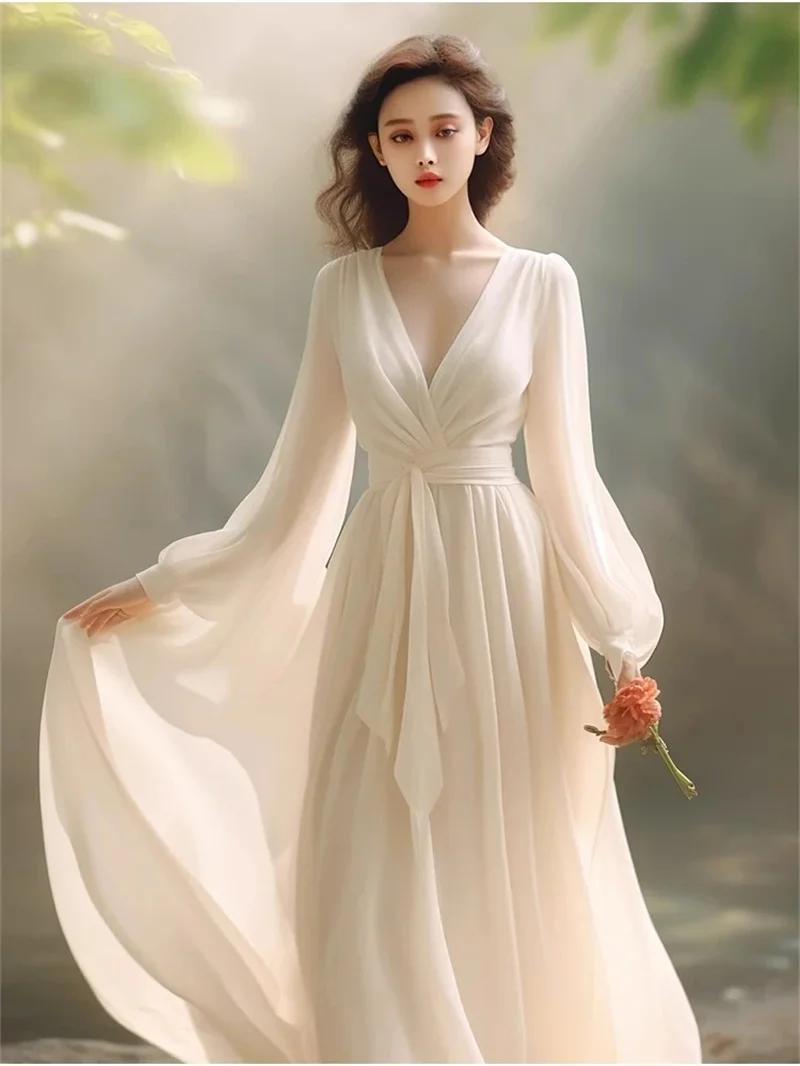 

2025 Early Spring New French Long Dress With Luxurious and Elegant Temperament Gentle Elegant White Chiffon Dress for Children