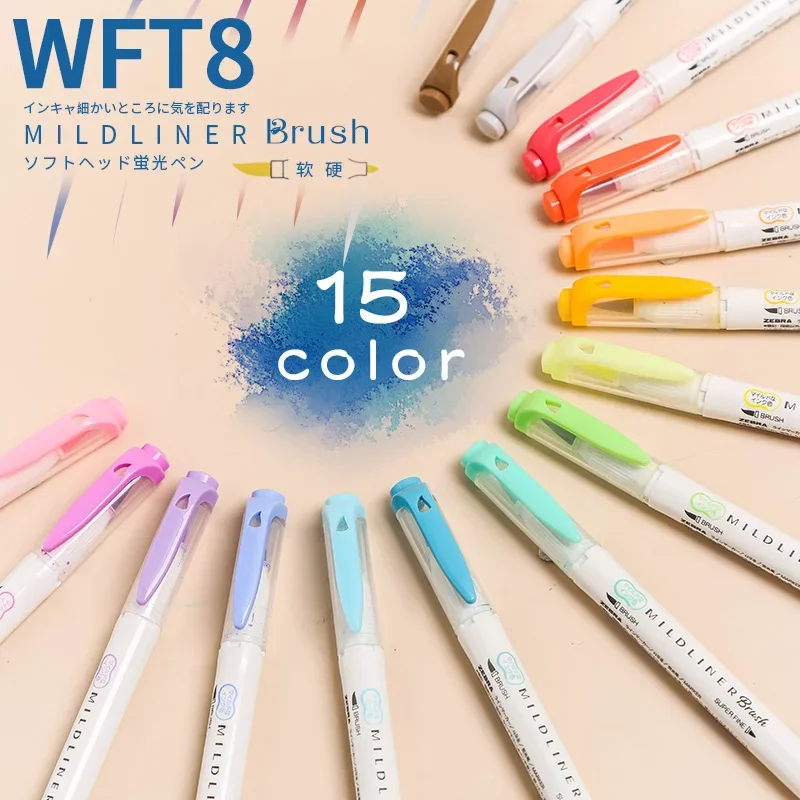 

15 Colors Japan ZEBRA WFT8 double-headed highlighter soft brush watercolor pen MILDLINER light-colored double-headed highlighter