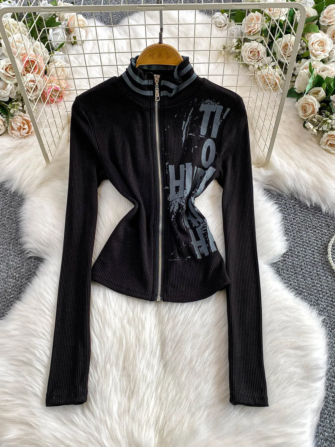 Retro American Striped Knitwear Zipper Slim Fit Women's Stand Collar Outerwear Long Sve Office Wear Summer Autumn Winter