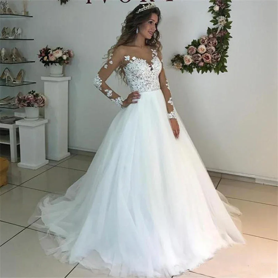 Sweet white bridal gown V-neck long sleeve decal A-line tulle floor-length wedding dress vestidos de novia فستان الزفاف