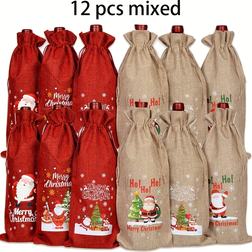 Festive Christmas Wine Bottle Gift Bags - Red & Khaki Burlap Tote Bags with Santa Claus, Christmas Trees, Christmas Decorations