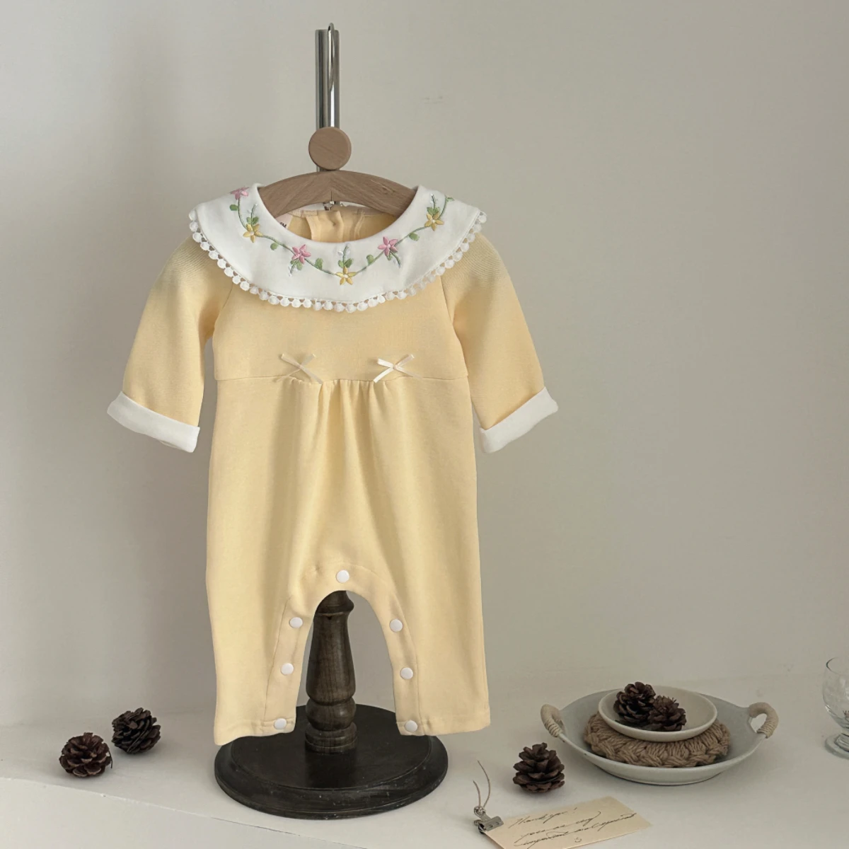 الخريف رقيقة طويلة الأكمام زهرة التطريز دوللي طوق السروال القصير ارتداءها ل 0-18 أشهر طفل الفتيات الوليد الرضع بذلة الطفل #4