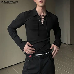 INCERUN 2024 Handsome Men's Mesh Drawstring Texture T-shirts Casual Personality Male Solid All-match Long Sleeved Camiseta S-5XL