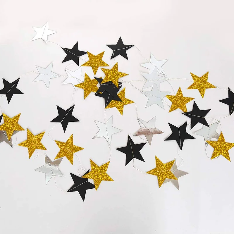 Glitter Gold Black New Year Star Garland Birthday Party Decoration Silver Hanging Twinkle Star String Banner Streamer Background