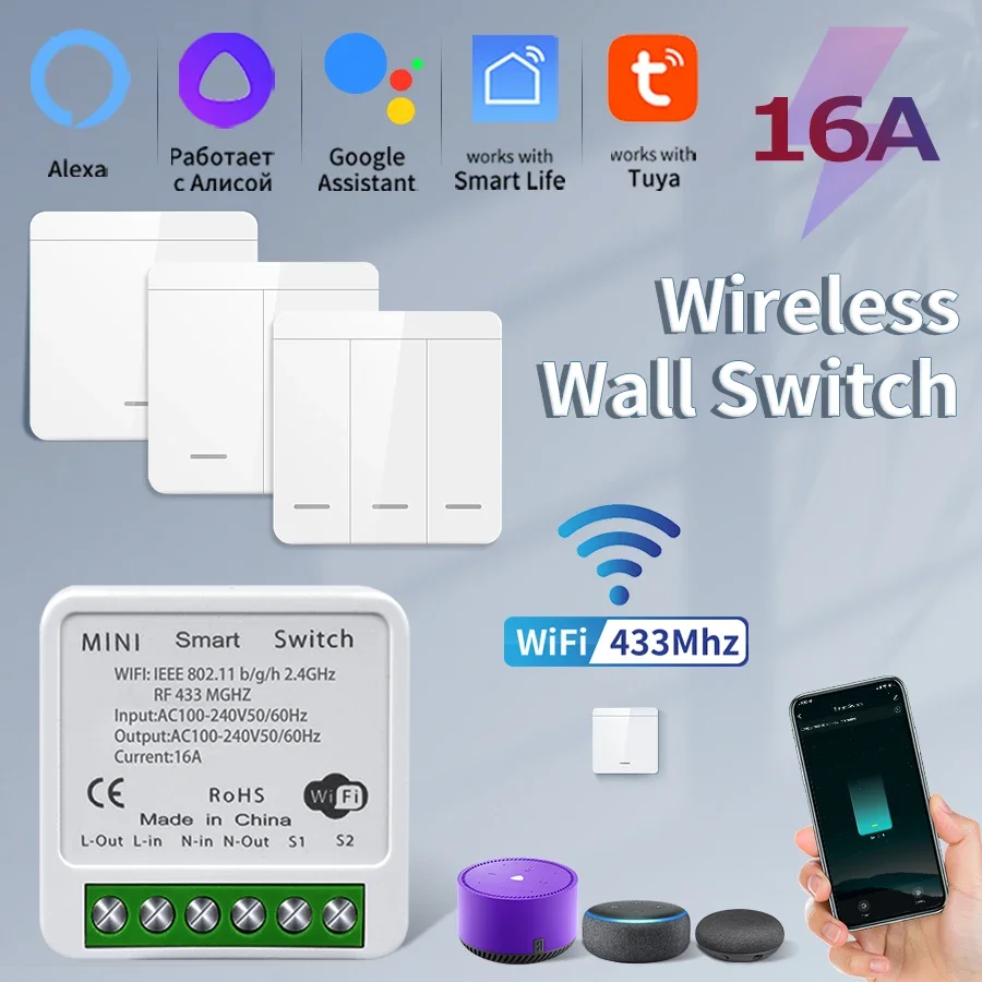 

Tuya Wi-Fi умный выключатель света беспроводной RF 433 МГц кнопочный настенный выключатель приложение для умного дома удаленное голосовое управление Alexa Google Alice