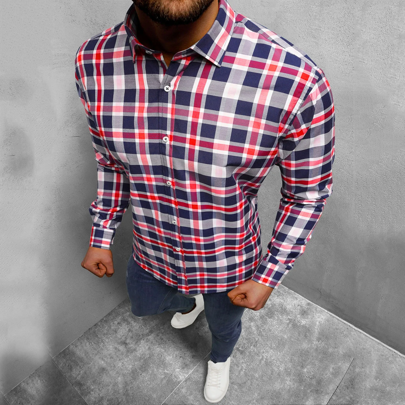 

Men Long Sleeve Autumn Winter Casual Printed Plaid Shirts Vintage Fashion Top Breathable Ethnic Print Button Shirts