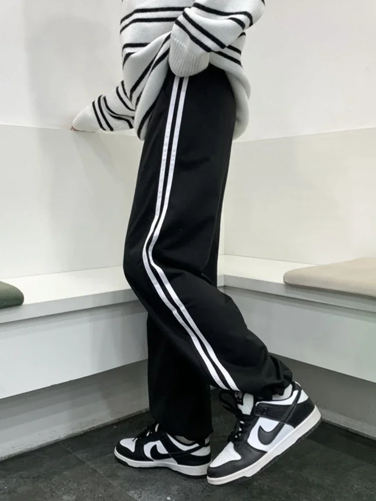 Casual Sweatpants Women Korean Style Classic Sports Pants Oversize Summer Joggers Baggy Gray Black Striped Wide Trousers