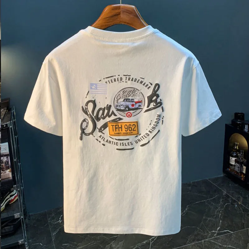 White T-shirt Men Summer High Street Printing T-shirt Light Luxury Pure Cotton Round Neck Comfortable All-match Short T-shirt