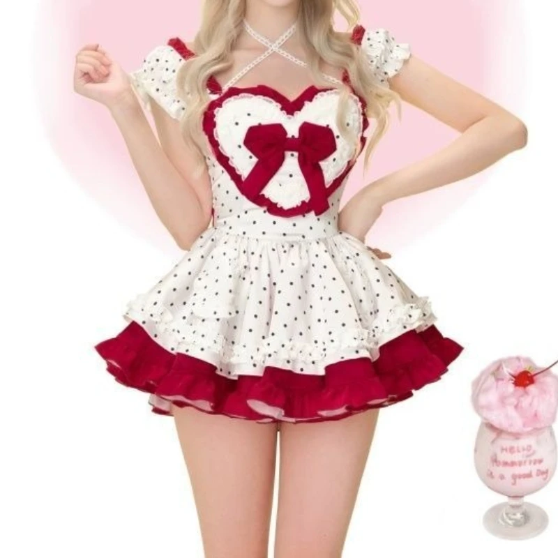 

Japanese Summer Sweet Elegant Lolita Dress Women Kawaii Bow Polka Dot Print Princess Dresses Girls Y2k Tea Party Slim Mini Dress