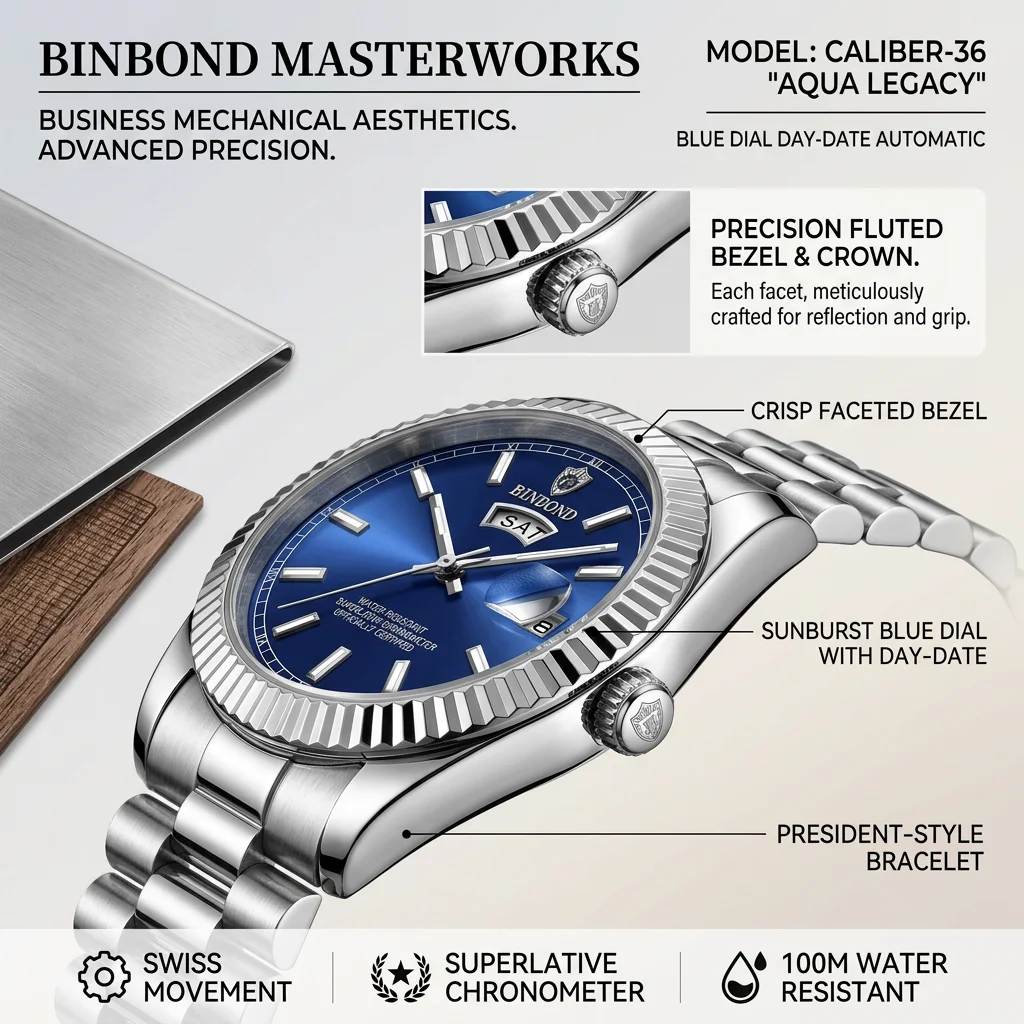 1pcs Men's Watch Blue Dial Metal Strap Week Date Display Fashion Business Casual Style Elegant Simple Design Daily Wear