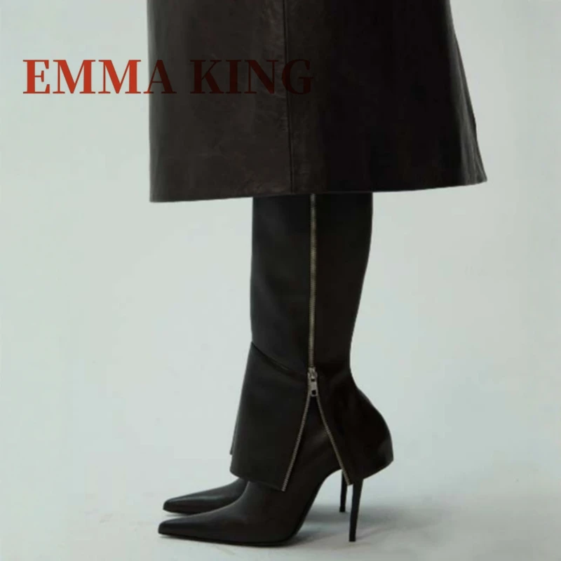 

Sexy Pointed Toe Knee High Boots Fold-Over Design Side Zipper Long Boot Women's Fashion Design Autumn Winter Stiletto Heel Boots