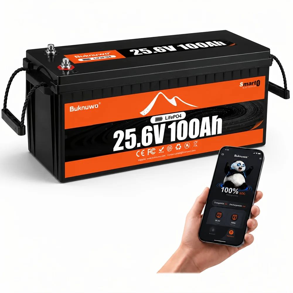 Buknuwo 24V/25.6 100Ah M8 Smart LiFePO4 Lithium Battery With Bluetooth, 2560Wh Power Energy Built-in 100A BMS Low Temperature Protection Capable Of Over 4000 Deep Cycles Support Parallel Battery For Trolling Motor, Marine, RV, Solar And Off-Grid