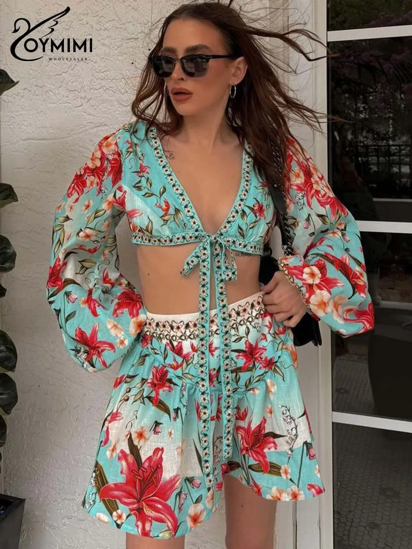 

Oymimi Women's Mint Green Floral 2-Piece Set 2026 Spring Puff Sleeve Crop Top Beaded Mini Skirt Chic Sexy Vacation Party Outfit