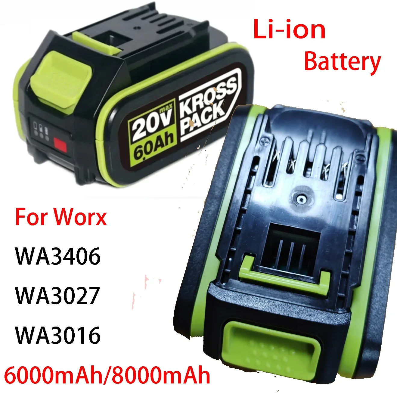 Pro WORX 20V 6.0Ah/8.0Ah 5pin WA3016 WA3023 WA3027 Li-ion baterie pro nářadí Dewalt pro akumulátorové nářadí WORX model baterie - náhled 3