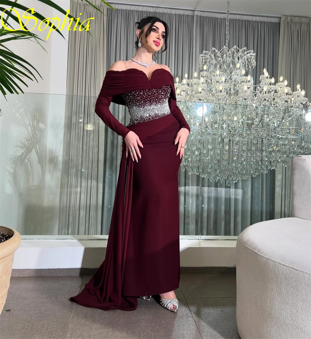 فستان سهرة أنيق من الجيرسيه الأحمر مخصص برقبة قارب وأكمام طويلة فساتين حفلات رقيقة حورية البحر كريستال فساتين المشاهير