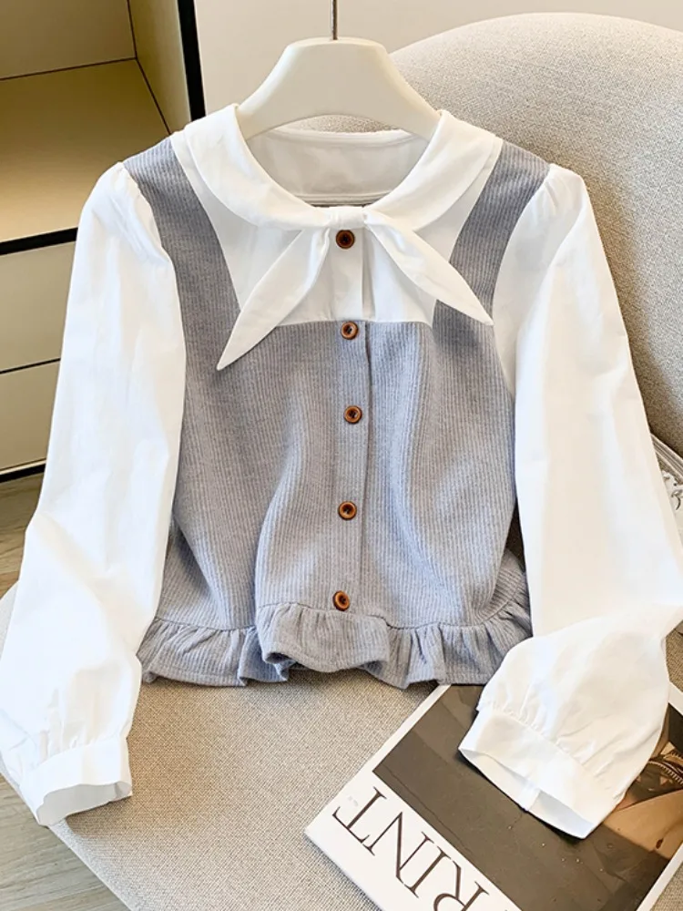 แนะนำเสื้อคอปกตุ๊กตาแบบผูกเองสำหรับผู้หญิง สีออร์ท ดีไซน์สีสันสดใส สไตล์เกาหลี แต่งกระดุม แขนยาว