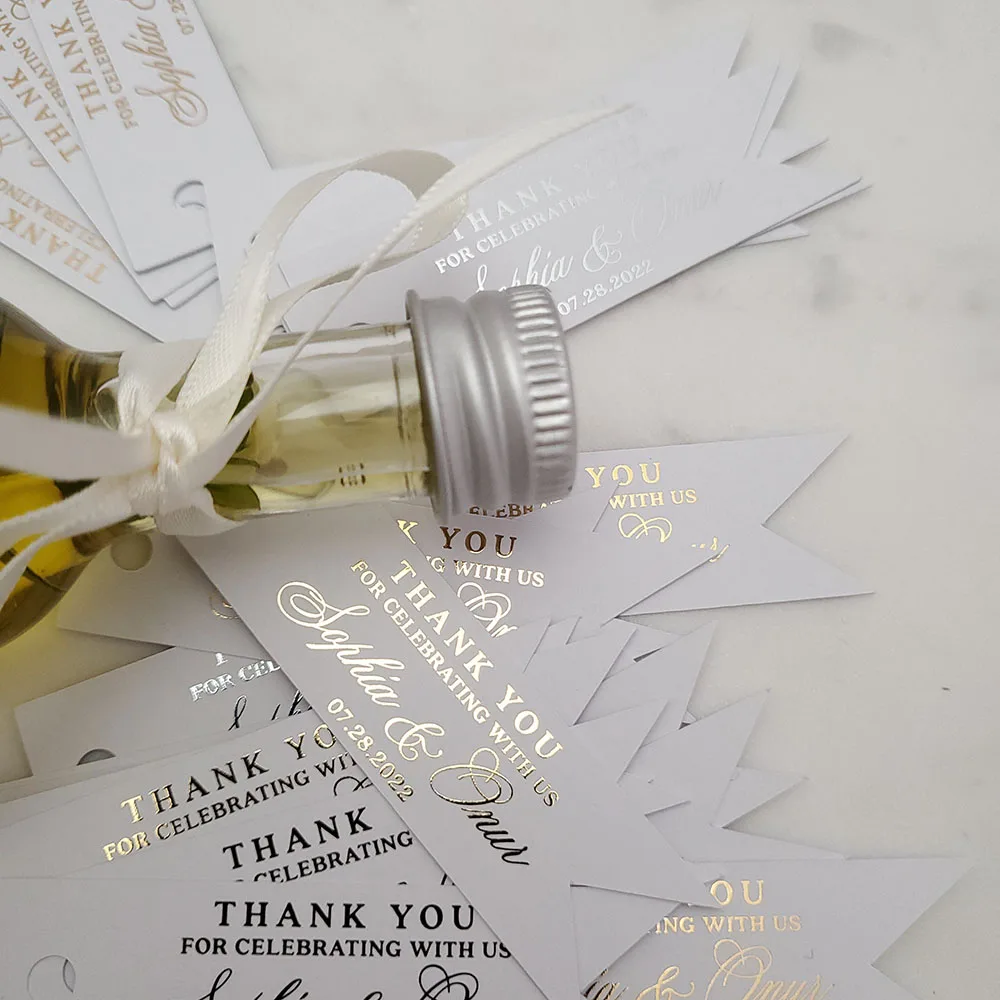 50Pcs Custom Wedding Tags Gold Foil DIY Thank You Tags White/Black Wedding Favors Labels for Gift Bridal Shower Party Favors