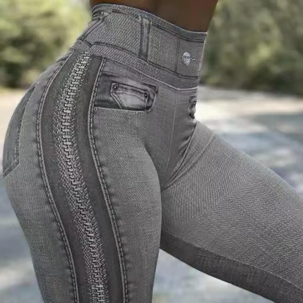 2025 Imitation Jeans Leggings Decorative Pockets Skinny Yoga Pants Leggings Hip Lifting Zipper Print High Waist Elastic Pants