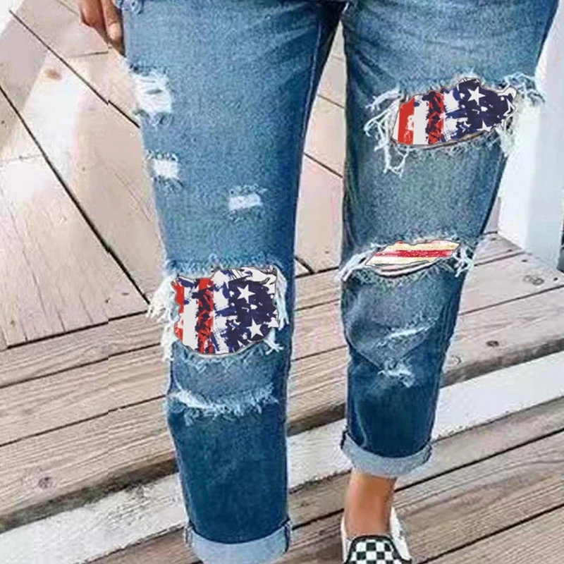 Spot Amazon Wish Celana Lurus Hari Kemerdekaan Wanita Eropa dan Amerika Celana Jeans Wanita Print Robek Celana Jeans Wanita