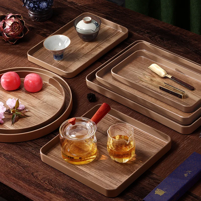 Rectangular round Tea Tray Wood Grain Fruit Tray Household Water Cup Plastic Melamine Tray