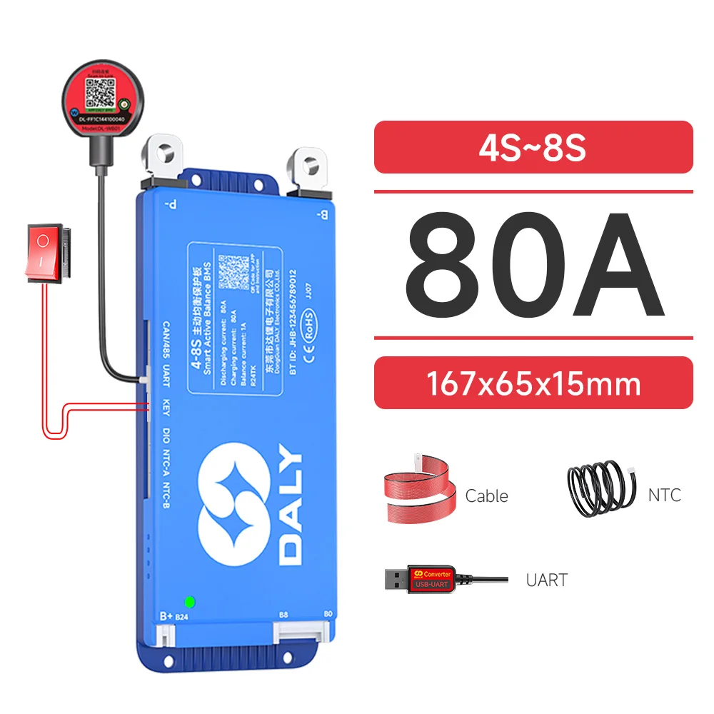 Daly Smart Active BMS 4S LiFePO4 8S 24V 16S 100A 150A 40A 60A 200A 12V 48V LiFePO4 1A Actieve Balancer met UART RS485 wifi-sleutel