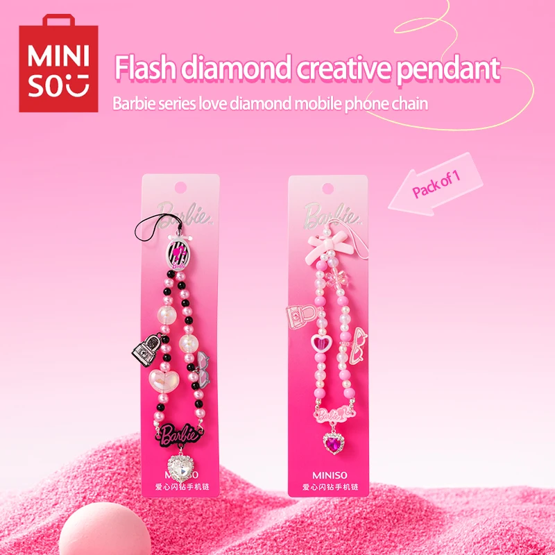 

MINISO Barbie Series Mobile Phone Chain Heart Flash Diamond Decorative Pink Pendant Anime Peripheral Fashion Birthday Gift