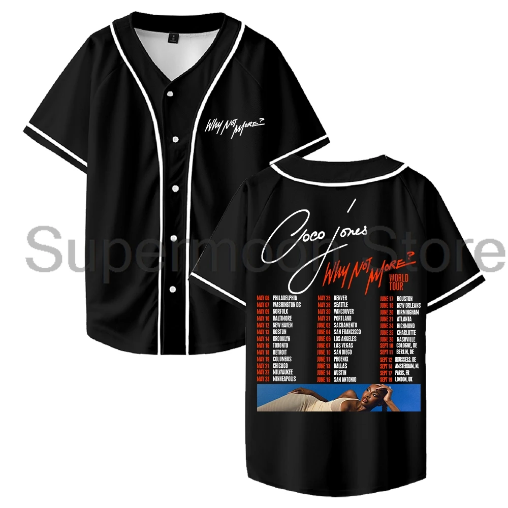 كوكو جونز لماذا لا مزيد جولة حول العالم 2025 البيسبول جيرسي الخامس الرقبة قصيرة الأكمام زر متابعة القمصان الرجال النساء ملابس الشارع الشهير