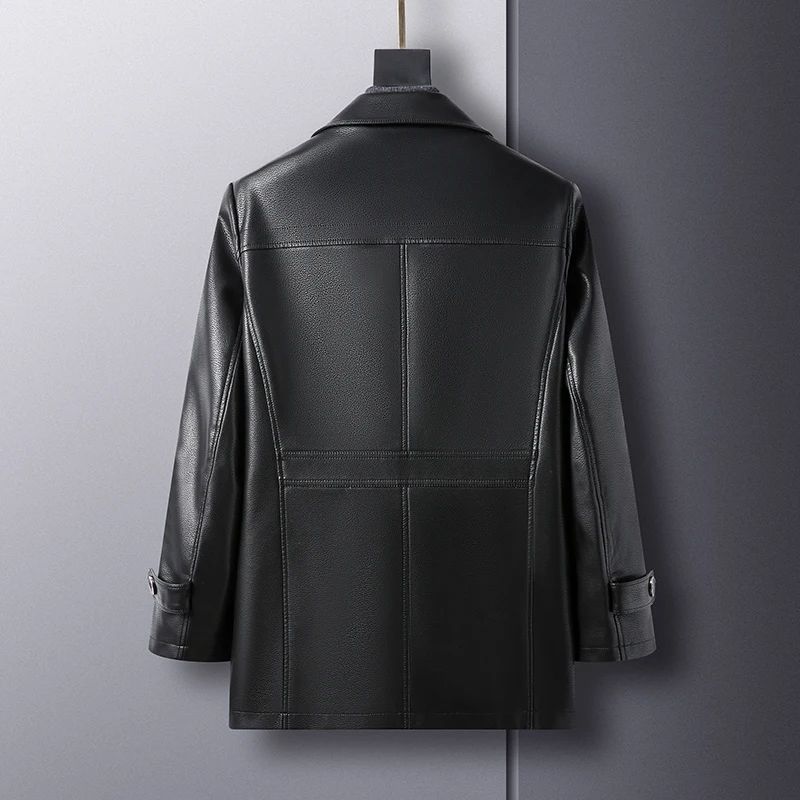 Fashion Medium Length Fleece Leather Jacket PU Men's Winter Thick Single Breasted Suit Collar Middle Aged Male Outerwear Tops