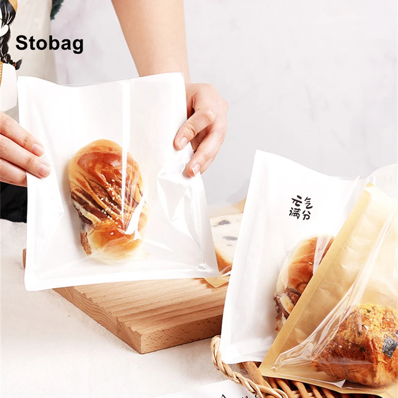 StoBag 50/100pcs White Kraft Paper Transparent Bread Toast Food Sealed Packaging Bag Plastic Sealing Clear Baking Handmade Pouch