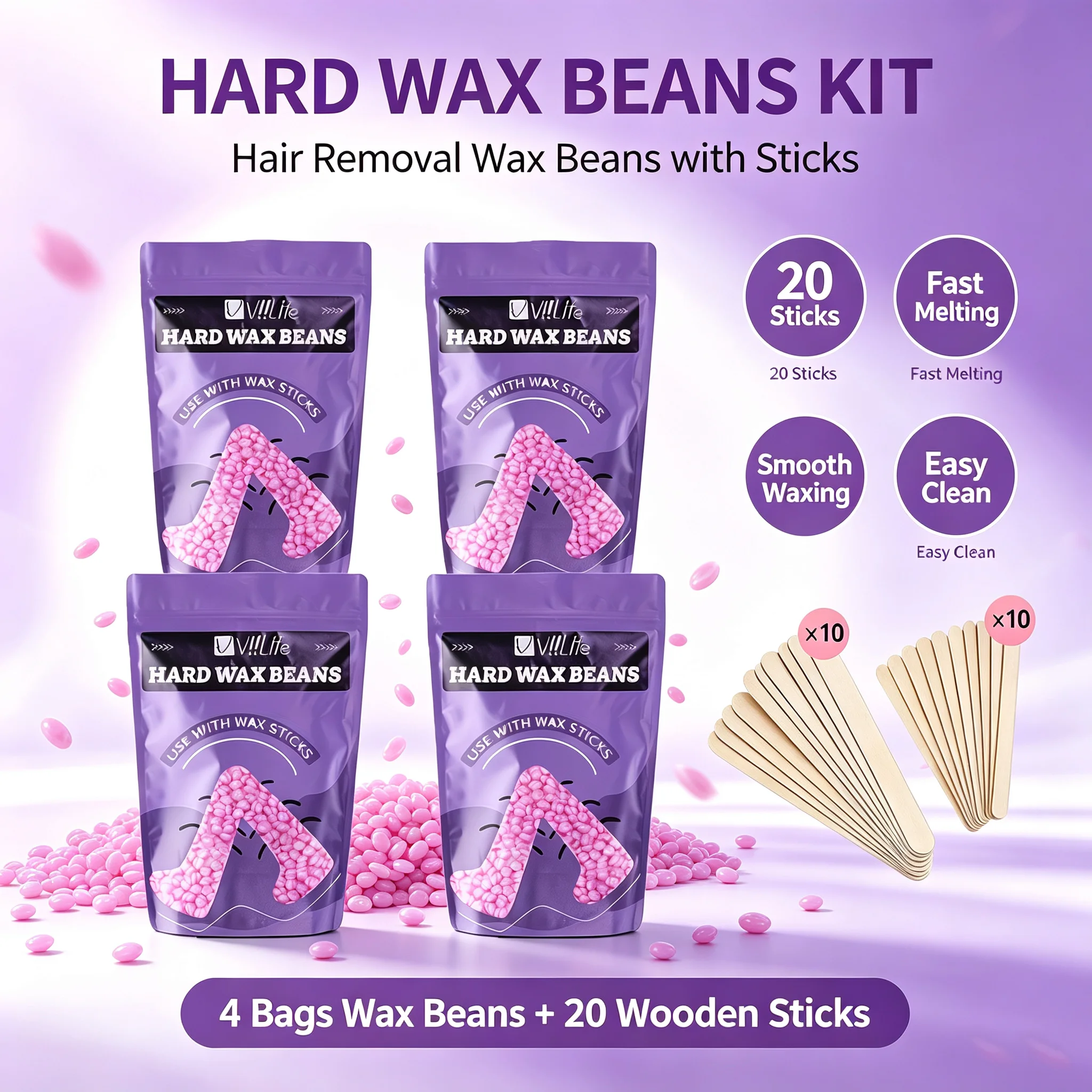 Viilife Hard Wax Beans Set, 4 Pouches with 20 WoodenSticks, Quick Melt, Easy Clean, Smooth Hair Removal forMen and Women