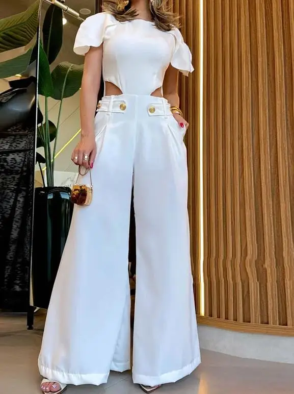 

Jumpsuit Women 2023 Summer New Fashion Casual High Waist Button Design Bubble Sleeves Loose Jumpsuit Style Commuting Elegance