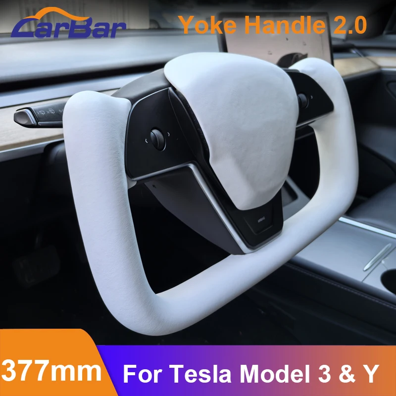 Carbar 377mm Yoke Steering Wheel Handle 2.0 For Tesla Model 3 Model Y 2018-2024 with Factory Buttons Nappa Leather No Stitching