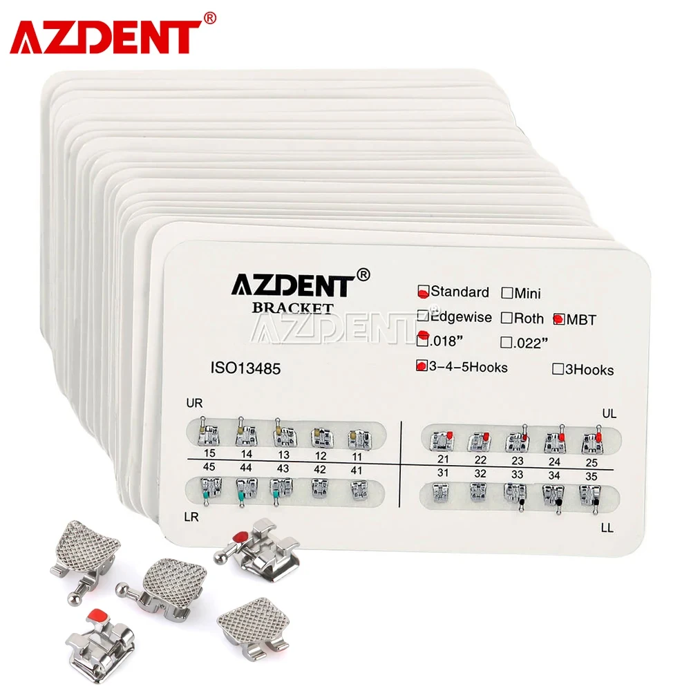 20แพ็ค = 400Pcs AZDENT ทันตแพทย์วงเล็บจัดฟันรั้งแยกโลหะเชื่อมมาตรฐาน Roth/MBT/Edgewise 022/018ตะขอ345