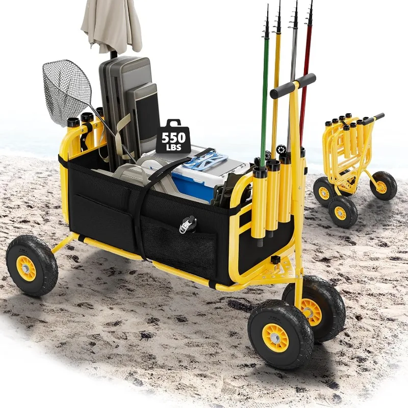 카트, 11인치 에어리스 타이어가 장착된 접이식 트롤리, 대형 화물 바구니가 있는 해변 트레일러, 550파운드 적재 용량, 8인승