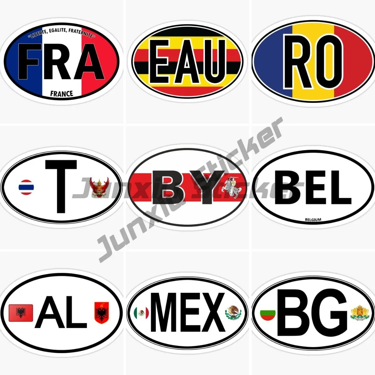 

FRA EAU RO Romania T Thailand BY BEL AL Albania MEX Mexico BG Oval Flag Code Self Adhesive Vinyl Waterproof Stickers