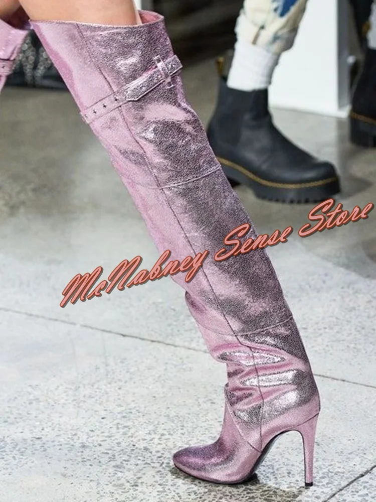 Solid Patent Leather Buckles Boots Over The Knee Women Shoes Pointy Toe Stiletto Heels Slip On Sexy Boots Banquet Runway Sping