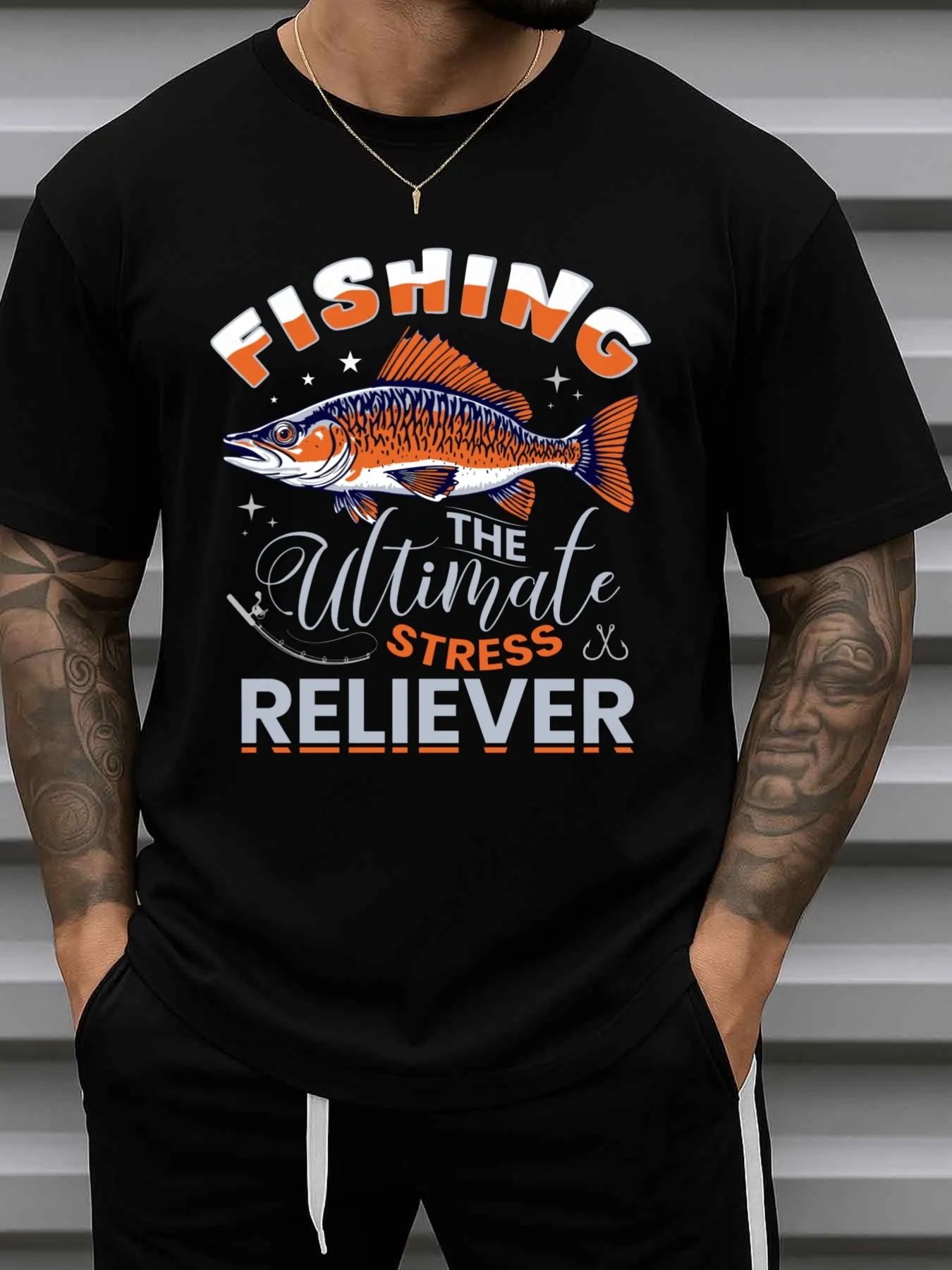 Men's Fun Fishing Pattern T-Shirt - Casual Round Neck Short Sleeves with the Slogan 