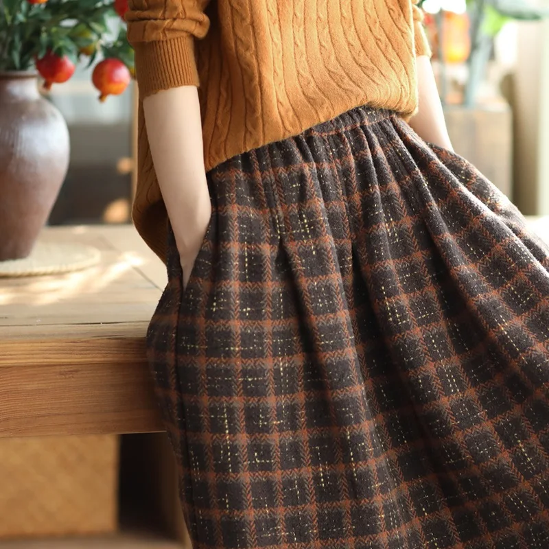 Vintage Plaid Midi Spódnice Kobiety Baggy New Wysoka talia A-line Grubsze kieszenie w stylu francuskim Mujer Ulzzang Bottoms Fashion Elegant