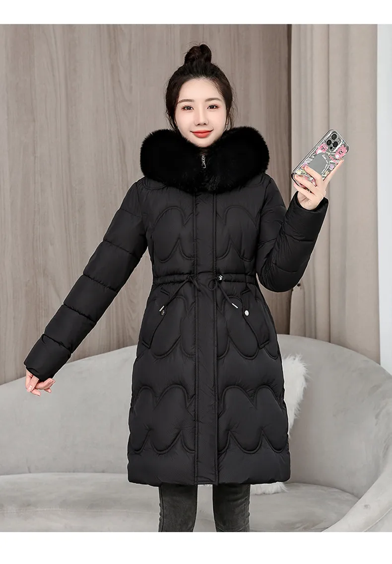 2026 Winter New Fur Collar Puffer Down Parka Loose Long Hooded Warmer Thicken Snow Jacket Pocket Zipper Outerwear Female