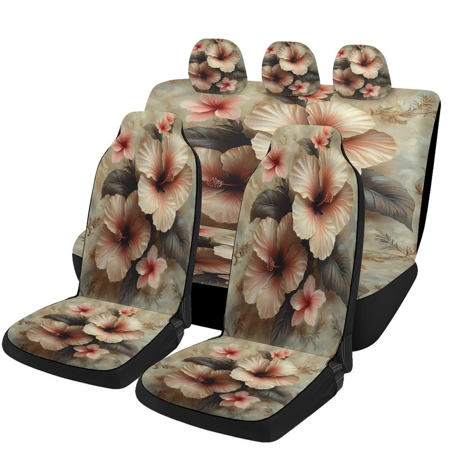 Set Of Car Seat Covers Featuring Hibiscus Flower Art, Suitable For Various Vehicles. These High-Quality, Comfortable Protectors