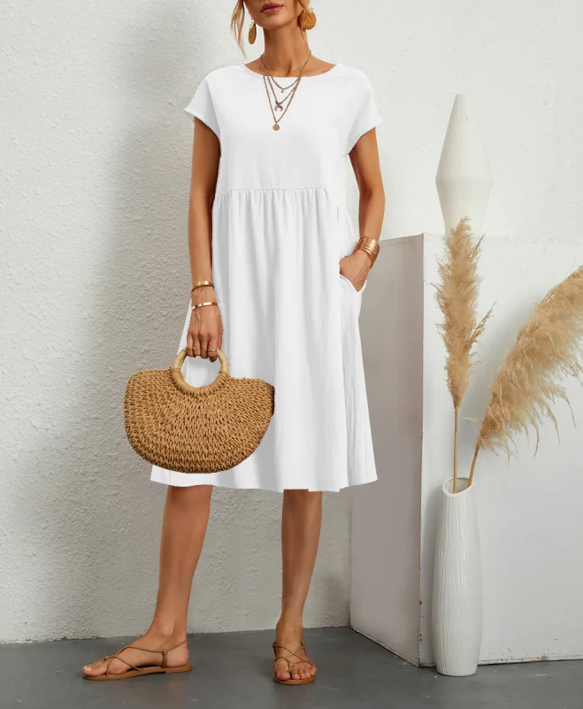 Cotton Linen Dress For Women Summer Casual Splicing Pocket Dresses Vestido Fashion Female Clothing Short Sleeve Loose Midi Dress