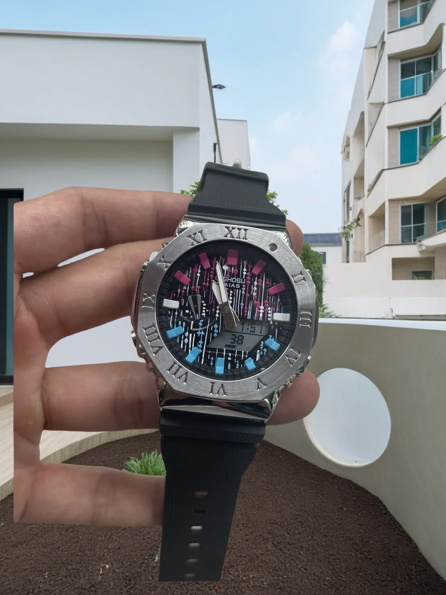 Sports Digital Electronic Unisex Watch LED Alloy Roman Numeral Dial Multifunctional World Time Waterproof Oak Series