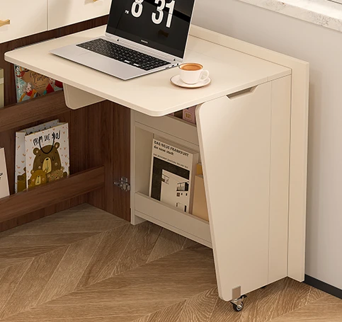 Cream antique style corner folding desk, bookshelf integrated bedroom, mobile computer desk, telescopic learning