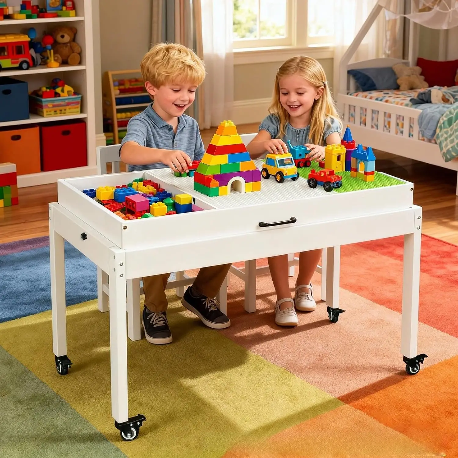 Kids Activity Table with Storage & Rolling Organizer, Building Block Play Table Compatible with Lego, Low Profile, Customized
