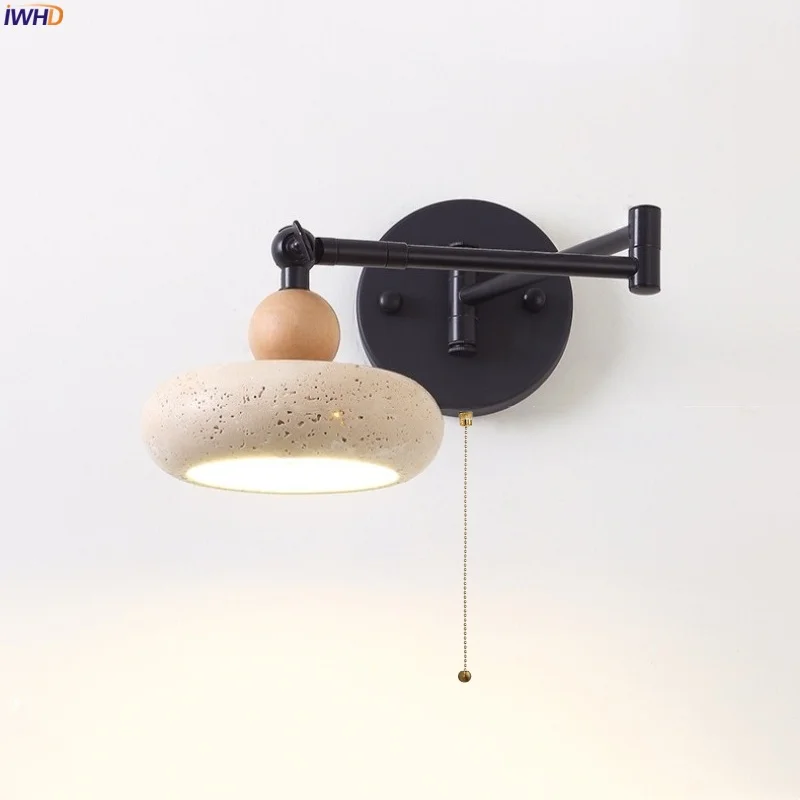 

IWHD Nordic Modern LED Wall Lamps Indoor Lighting Pull Chain Yellow Travertine Swing Long Arm Bedside Stair Lights Lampara Pared