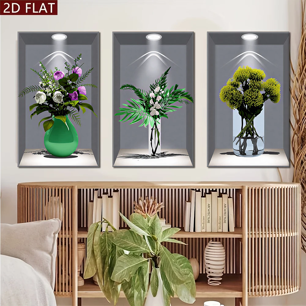 1 set of modern minimalist triple wall stickers, simulated vases, green plants, living room entrance decoration, 2D plan