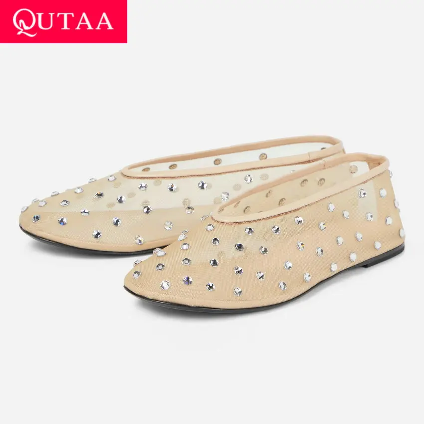 QUTAA 2024 Summer Women Flats Heel Square Toe Fashion Mesh Crystal Basic Shoes Woman Concise Casual Working Shoes Size 34-40