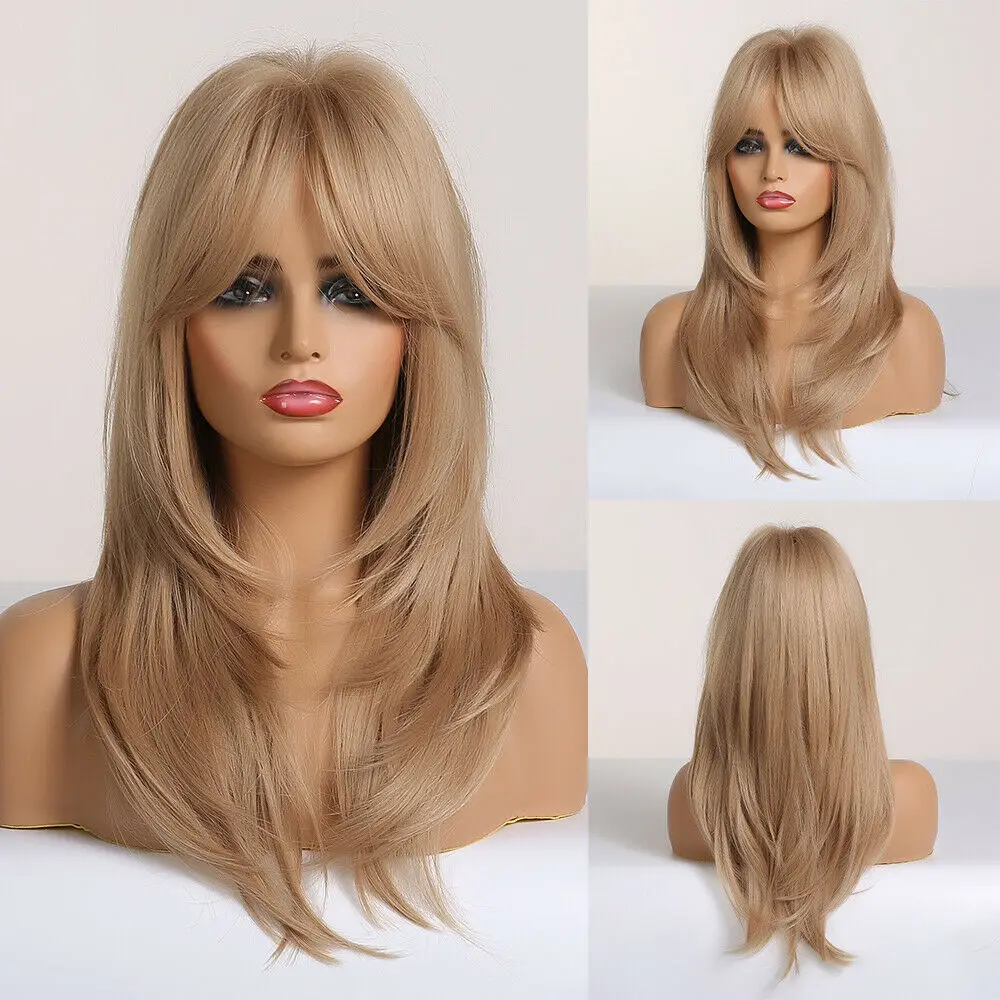 Peruca de cabelo sintético Long Ombre Layered com Franja para Mulheres, Ash Blonde