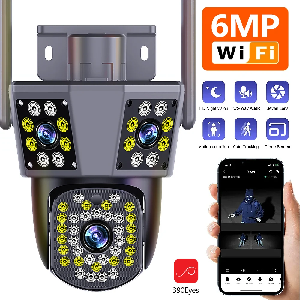 

6K 12MP WiFi Outdoor Camera 8X Zoom Three Len Ai Motion Tracking PTZ 4K Video Camera Security Protection Waterproof Surveillance